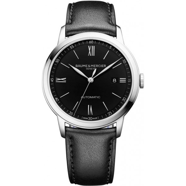 Baume and Mercier Classima Automatic Black Dial Black Leather Strap Date Mens Watch MOA10453