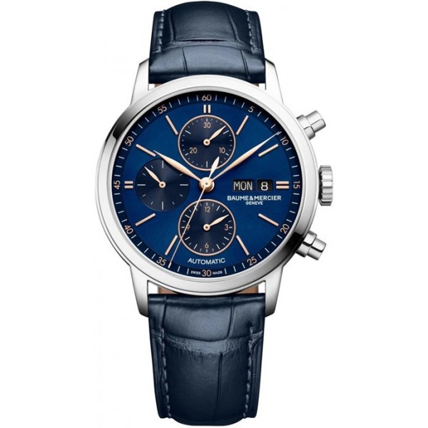 Baume and Mercier Classima Automatic Chronograph Stainless Steel Blue Dial Blue Leather Strap Day/Date Mens Watch M0A10784