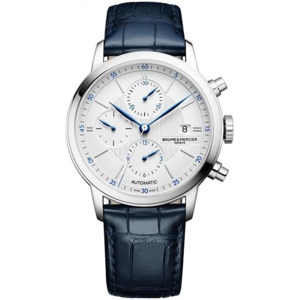 Baume and Mercier Classima Automatic Chronograph Stainless Steel Blue Leather Strap Silver Dial Date Mens Watch M0A10330