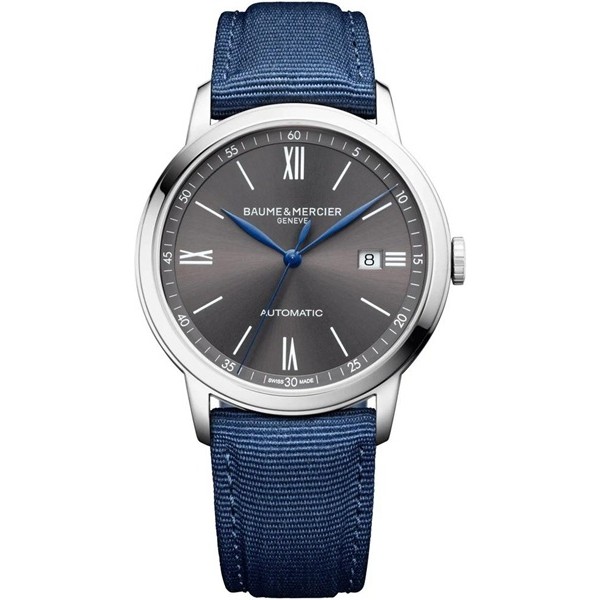 Baume and Mercier Classima Automatic Stainless Steel Gray Dial Blue Canvas Strap Date Mens Watch M0A10608