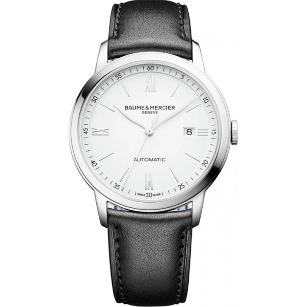 Baume and Mercier Classima Automatic White Dial Black Leather Strap Date Mens Watch MOA10332