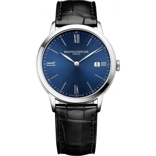 Baume and Mercier Classima Blue Dial Black Leather Strap Date Quartz Mens Watch MOA10324