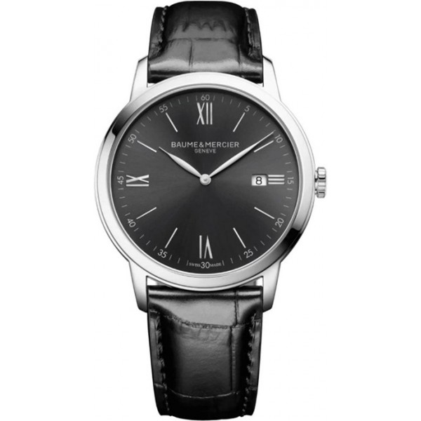 Baume and Mercier Classima Gray Dial Black Leather Strap Date Quartz Mens Watch MOA10416