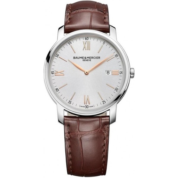 Baume and Mercier Classima Silver-Tone Dial Brown Leather Strap Date Quartz Mens Watch M0A10415