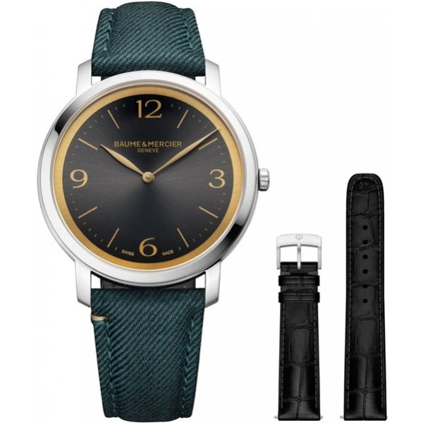 Baume and Mercier Classima Stainless Steel Gray Dial Green Fabric Interchangeable Black Leather Strap Quartz Mens Watch M0A10704