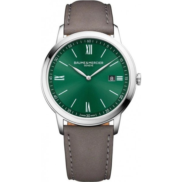 Baume and Mercier Classima Stainless Steel Green Dial Gray Brown Leather Date Quartz Mens Watch M0A10607