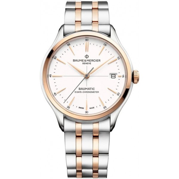 Baume and Mercier Clifton Baumatic COSC Automatic 18K Rose Gold and Steel White Dial Date Mens Watch M0A10458