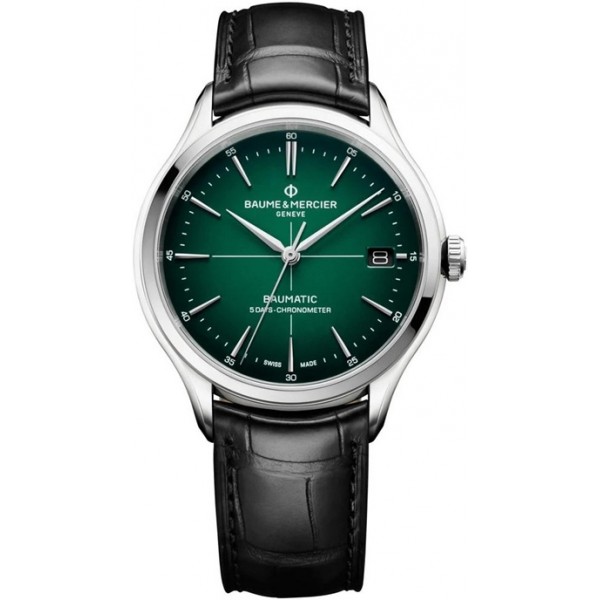 Baume and Mercier Clifton Baumatic COSC Automatic Stainless Steel Green Dial Black Leather Strap Date Mens Watch M0A10592