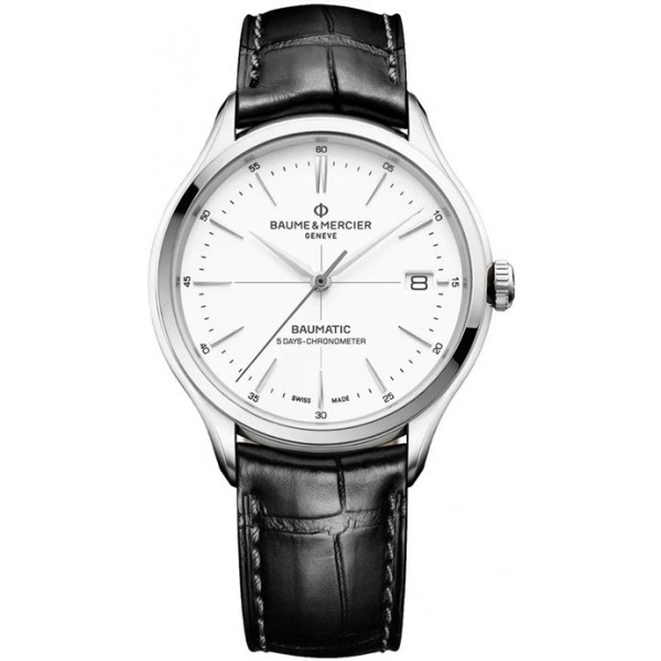 Baume and Mercier Clifton Baumatic COSC Automatic White Dial Black Leather Strap Date Mens Watch M0A10518