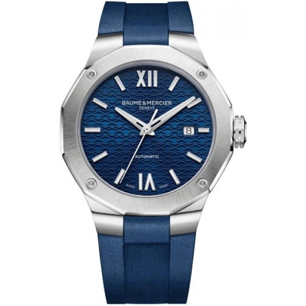 Baume and Mercier Riviera Automatic Stainless Steel Blue Dial Blue Rubber Strap Date Mens Watch M0A10619