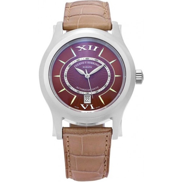 Cuervo y Sobrinos Robusto Solo Tiempo Automatic Stainless Steel Brown Dial Brown Leather Strap Date Mens Watch 2802.1T