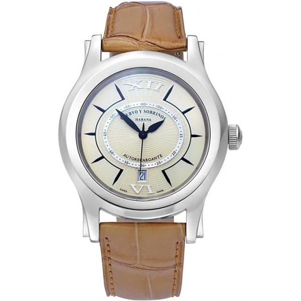 Cuervo y Sobrinos Robusto Solo Tiempo Automatic Stainless Steel Cream Dial Brown Leather Strap Date Mens Watch 2802.1C