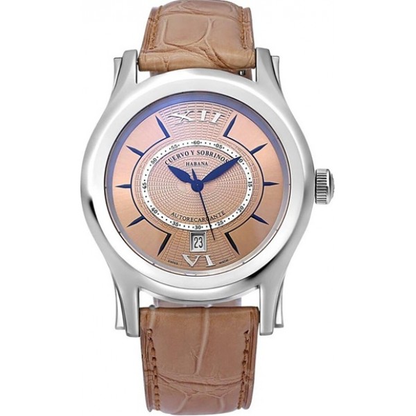 Cuervo y Sobrinos Robusto Solo Tiempo Automatic Stainless Steel Pink Dial Brown Leather Strap Date Mens Watch 2802.1R