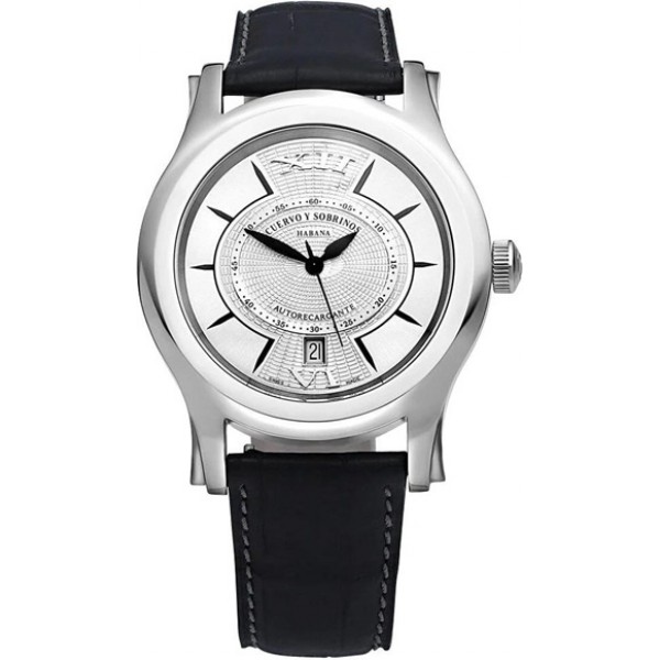 Cuervo y Sobrinos Robusto Solo Tiempo Automatic Stainless Steel Silver Dial Black Leather Strap Date Mens Watch 2802.1A