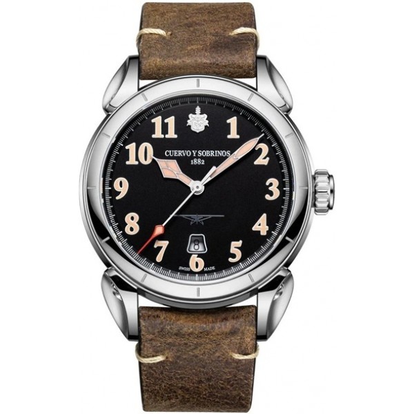 Cuervo y Sobrinos Vuelo Emilio Carranza Automatic Stainless Steel Black Dial Brown Leather Strap Date Mens Watch 3202.1CN