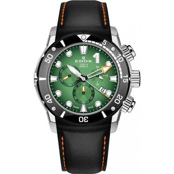 Edox CO-1 Chronograph Titanium Green Dial Black Leather Strap Date Divers Quartz Mens Watch 10242-TIN-VIN