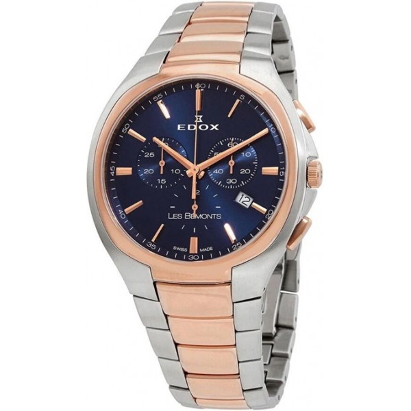 Edox Les Bemonts Chronograph Ultra Slim Two-Tone Stainless Steel Blue Dial Date Quartz Mens Watch 10239-357R-BUIR