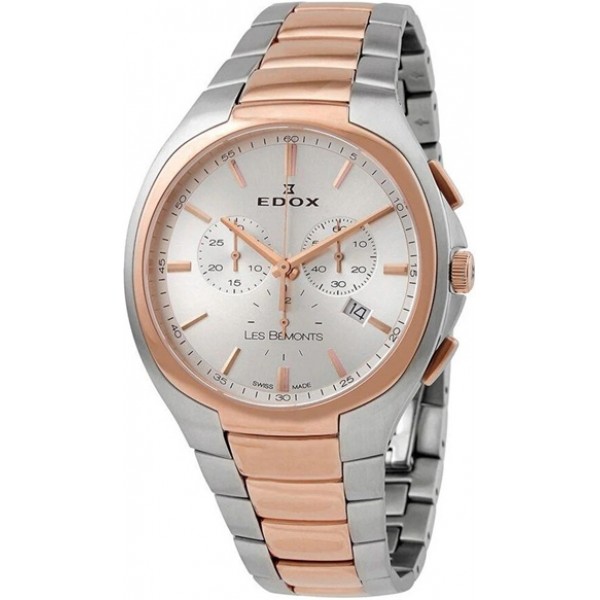 Edox Les Bemonts Chronograph Ultra Slim Two-Tone Stainless Steel Silver Dial Date Quartz Mens Watch 10239-357R-AIR