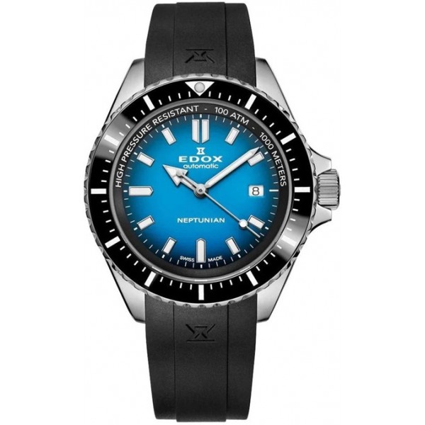 Edox Skydiver Neptunian Automatic Stainless Steel Blue Dial Black Rubber Strap Date Divers Mens Watch 80120-3NCA-BUIDN