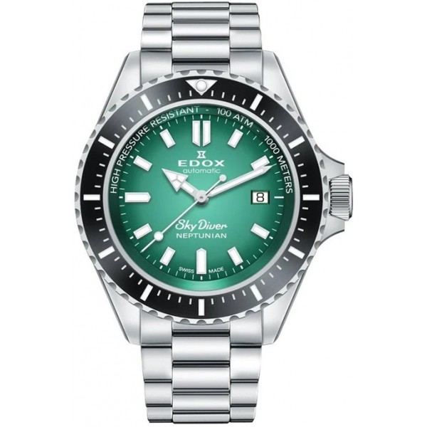 Edox Skydiver Neptunian Automatic Stainless Steel Green Dial Date Divers Mens Watch 80120-3NM-VDN