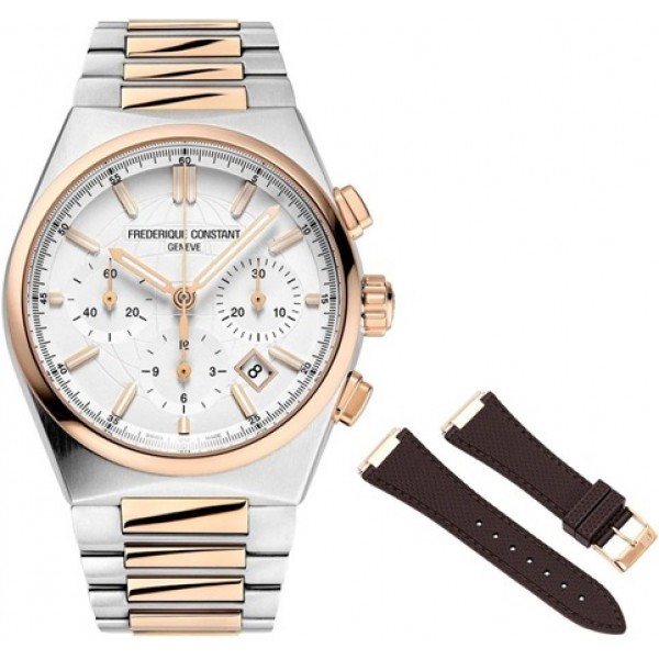 Frederique Constant Highlife Automatic Chronograph Two-Tone Stainless Steel Silver Dial Interchangeable Brown Rubber Strap Date Mens Watch FC-391V4NH2B