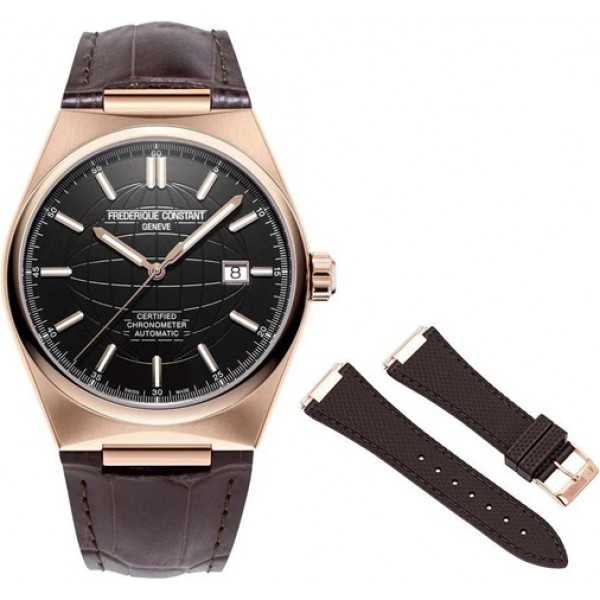 Frederique Constant Highlife COSC Automatic Rose Gold Plated Steel Black Dial Brown Leather Strap Interchangeable Brown Rubber Strap Date Mens Watch FC-303B4NH4