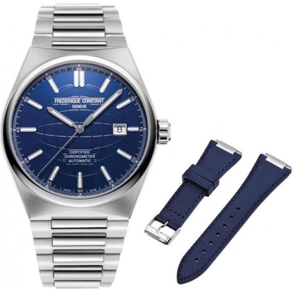 Frederique Constant Highlife COSC Automatic Stainless Steel Blue Dial Interchangeable Blue Rubber Strap Date Mens Watch FC-303N4NH6B