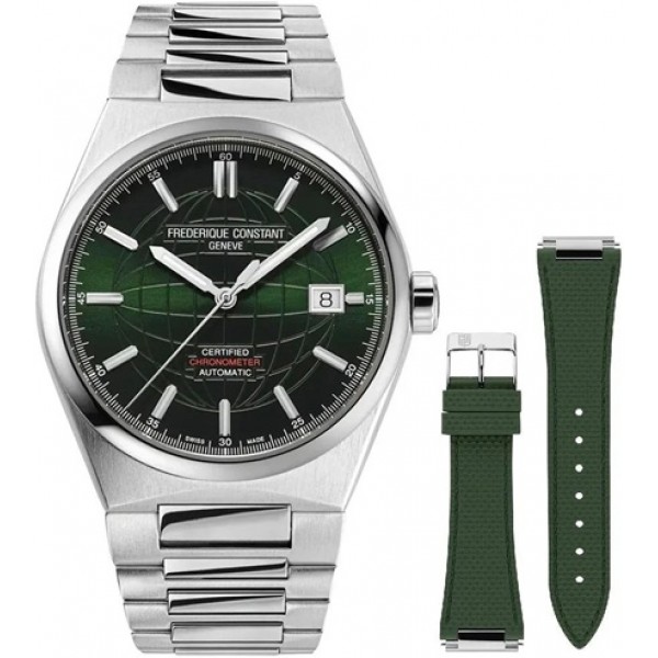 Frederique Constant Highlife COSC Automatic Stainless Steel Green Dial Interchangeable Green Rubber Strap Date Mens Watch FC-303G3NH6B