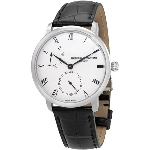 Frederique Constant Slimline Manufacture Power Reserve Automatic Stainless Steel Silver Dial Black Leather Strap Date Mens Watch FC-723WR3S6