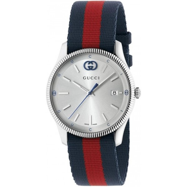 Gucci G-Timeless Stainless Steel Silver Dial Blue/Red Nylon Strap Date Quartz Unisex Watch YA1264237