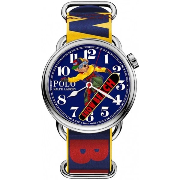 Limited Edition Polo Ralph Lauren x The Rake Snow Beach Bear Automatic Stainless Steel Blue Dial Leather NATO Strap Mens Watch