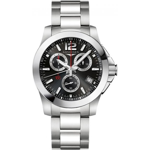 Longines Conquest Chronograph Stainless Steel Black Dial Date Divers Quartz Mens Watch L3.700.4.56.6