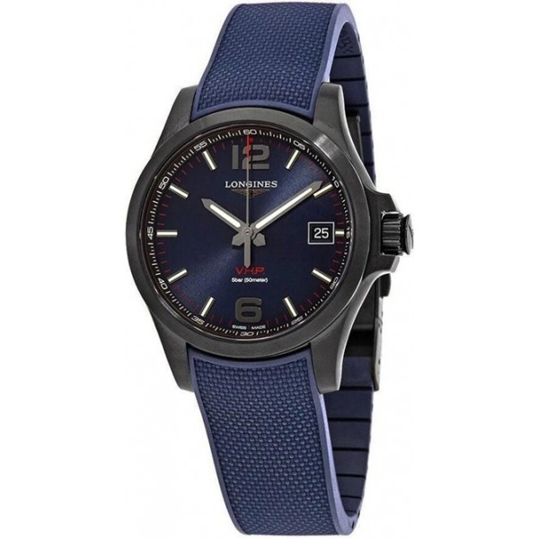 Longines Conquest V.H.P. Black PVD Blue Rubber Strap Blue Dial Perpetual Calendar Date Quartz Mens Watch L3.716.2.96.9