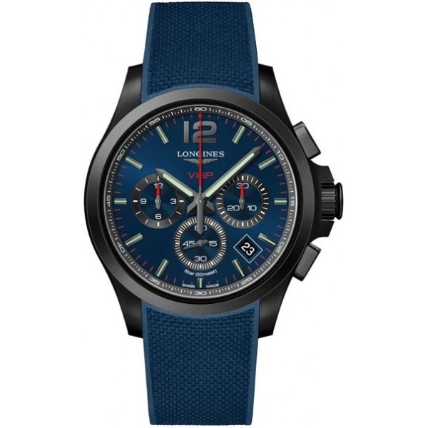 Longines Conquest V.H.P. Chronograph Black PVD Blue Rubber Strap Blue Dial Perpetual Calendar Date Quartz Mens Watch L3.717.2.96.9