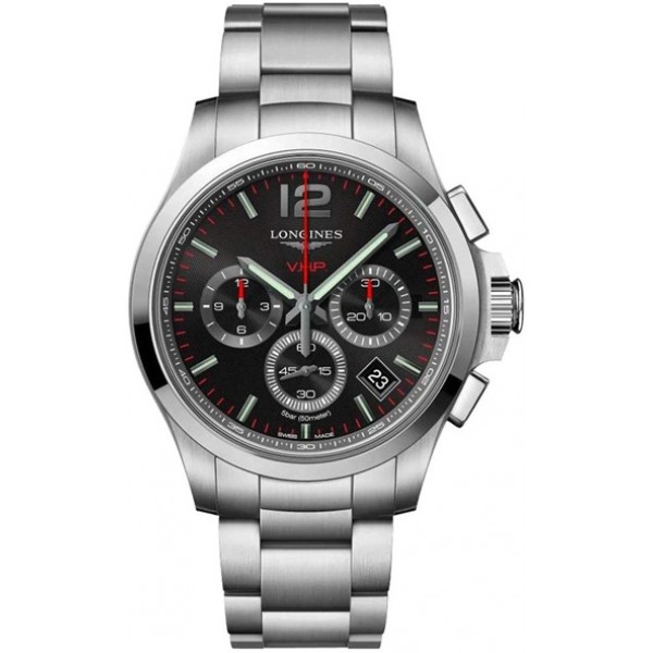 Longines Conquest V.H.P. Chronograph Stainless Steel Black Dial Perpetual Calendar Date Quartz Mens Watch L3.717.4.56.6