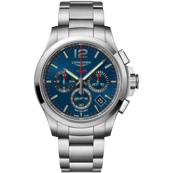 Longines Conquest V.H.P. Chronograph Stainless Steel Blue Dial Perpetual Calendar Date Quartz Mens Watch L3.717.4.96.6