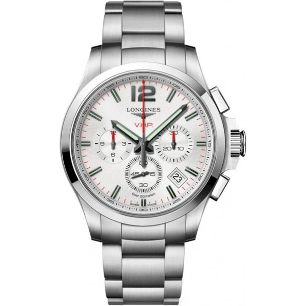 Longines Conquest V.H.P. Chronograph Stainless Steel Silver Dial Perpetual Calendar Date Quartz Mens Watch L3.717.4.76.6