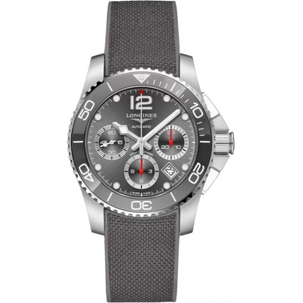 Longines HydroConquest Automatic Chronograph Stainless Steel Grey Rubber Strap Grey Dial Date Divers Mens Watch L3.783.4.76.9