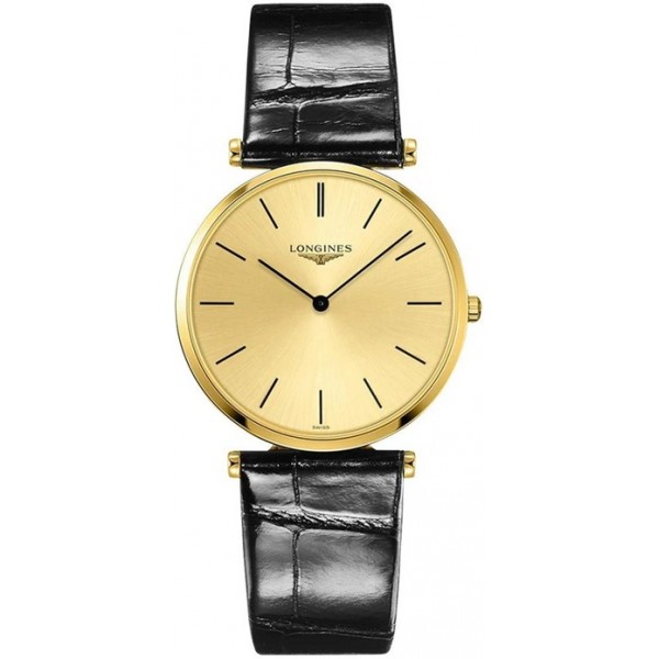 Longines La Grande Classique Yellow Gold PVD Gold Dial Black Leather Strap Quartz Mens Watch L4.755.2.32.2