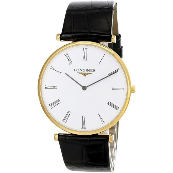 Longines La Grande Classique Yellow Gold PVD White Dial Black Leather Strap Quartz Mens Watch L4.766.2.11.2