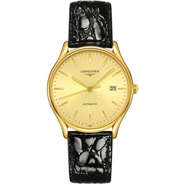 Longines Lyre Automatic Yellow Gold PVD Gold Dial Black Leather Strap Date Mens Watch L4.960.2.32.2