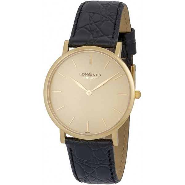 Longines Presence 18K Yellow Gold L48246322 Black Leather Strap Quartz Mens Watch Gold Tone Dial