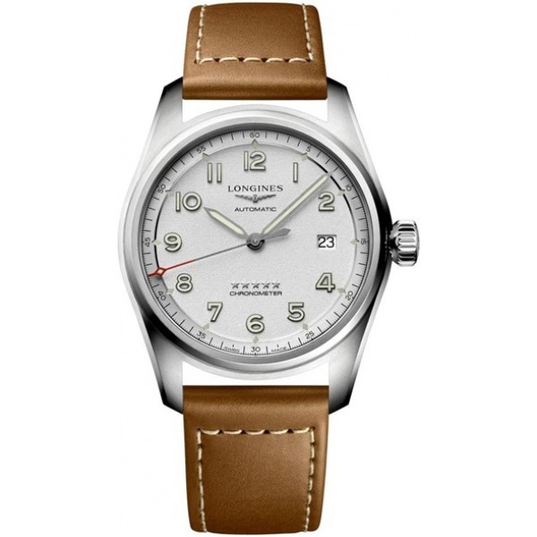 Longines Spirit Automatic Chronometer Stainless Steel Silver Dial Brown Leather Strap Date Mens Watch L3.810.4.73.2