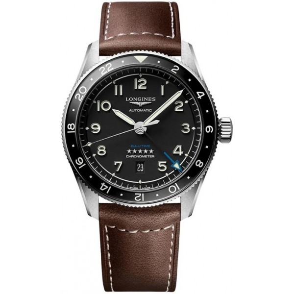 Longines Spirit Zulu Time Automatic GMT Chronometer Stainless Steel Black Dial Brown Leather Strap Date Mens Watch L3.812.4.53.2