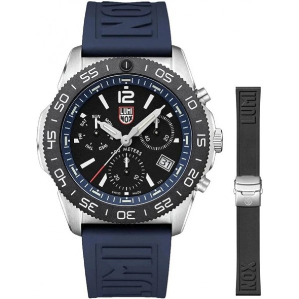 Luminox Pacific Diver Chronograph Stainless Steel Black Dial Blue/Black Interchangeable Rubber Strap Day/Date Divers Quartz Mens Watch XS.3143.SET