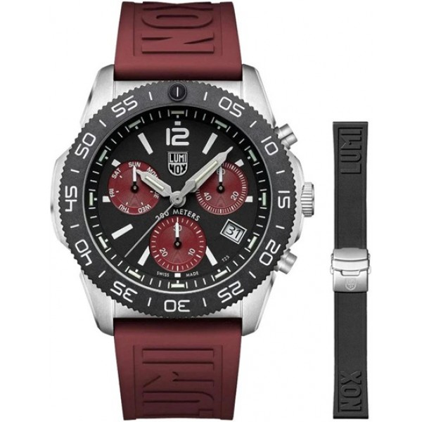 Luminox Pacific Diver Chronograph Stainless Steel Black Dial Burgundy Rubber Interchangeable Black Rubber Strap Day/Date Divers Quartz Mens Watch XS.3155.1.SET