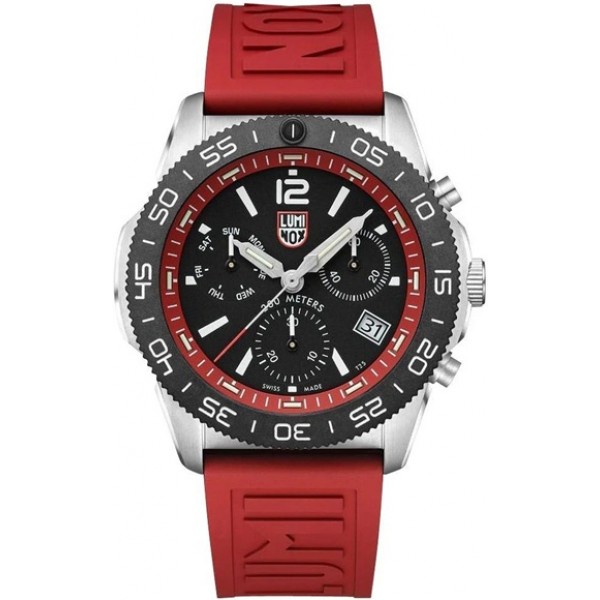 Luminox Pacific Diver Chronograph Stainless Steel Black Dial Red Rubber Strap Day/Date Divers Quartz Mens Watch XS.3155