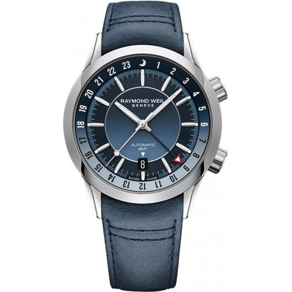 Raymond Weil Freelancer GMT Automatic Stainless Steel Blue Dial Blue Leather Strap Date Mens Watch 2761-STC-50001