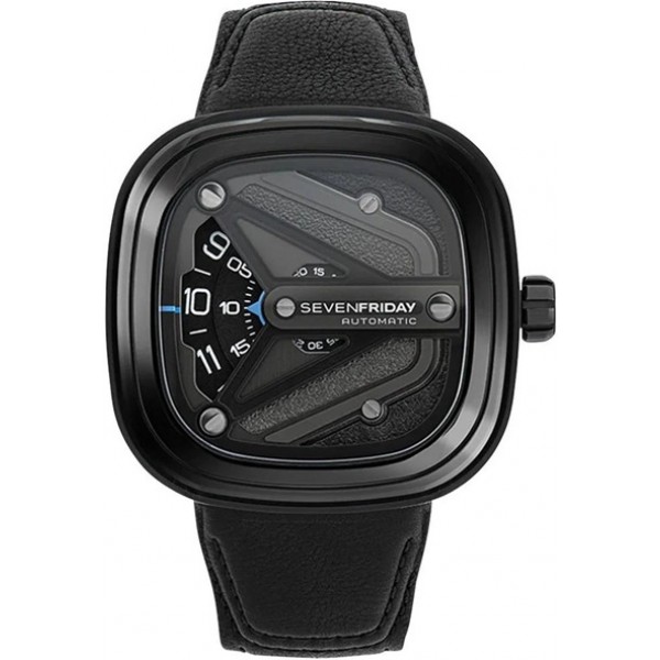 SEVENFRIDAY M-Series Spaceship Automatic Black PVD Steel Black Dial Black Leather Strap Mens Watch M3/07