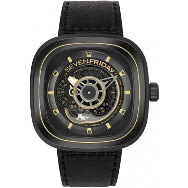 SEVENFRIDAY P-Series Automatic Gunmetal PVD Black Dial Black Leather Strap Mens Watch P2B/02